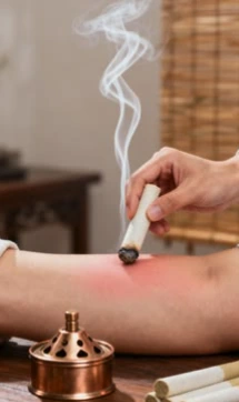 A moxa stick held above the forearm; illustrative supplied image