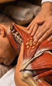 A supplied illustrative view of neck and shoulder muscles with manual treatment