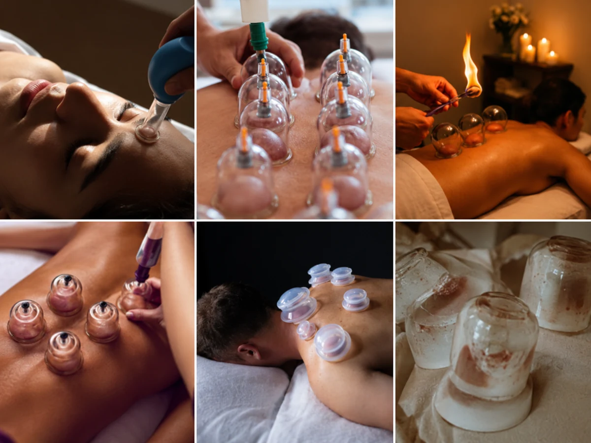 A supplied montage illustrating several cupping treatment scenes