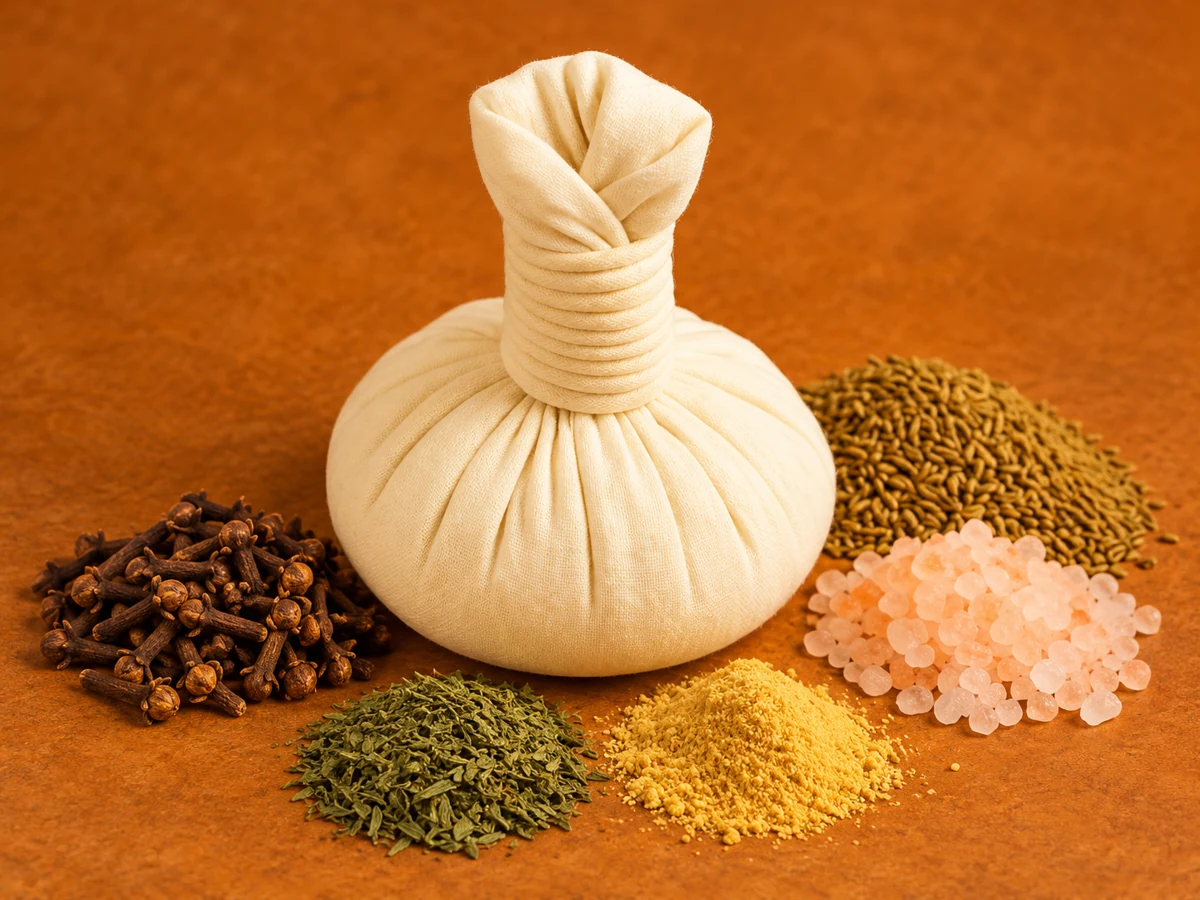 A cloth herbal compress with surrounding ingredients; illustrative image